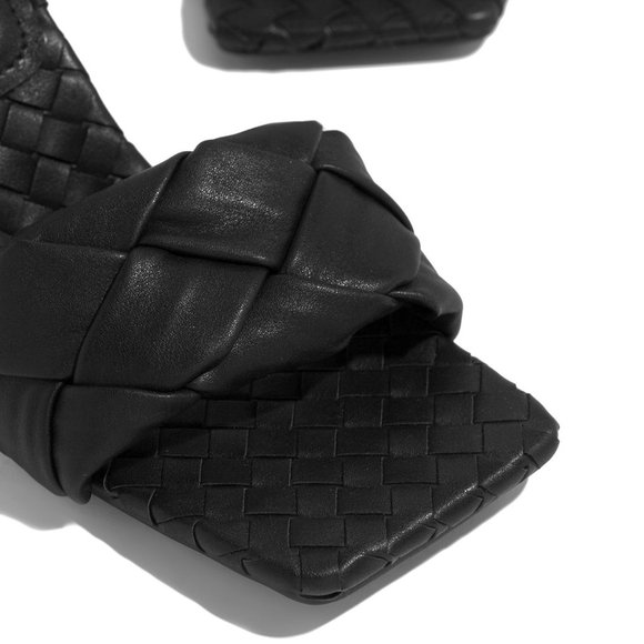 NEW Black Square Open Toe Woven Braided Sandal Mules Stiletto Heel Slip-On - Picture 4 of 5